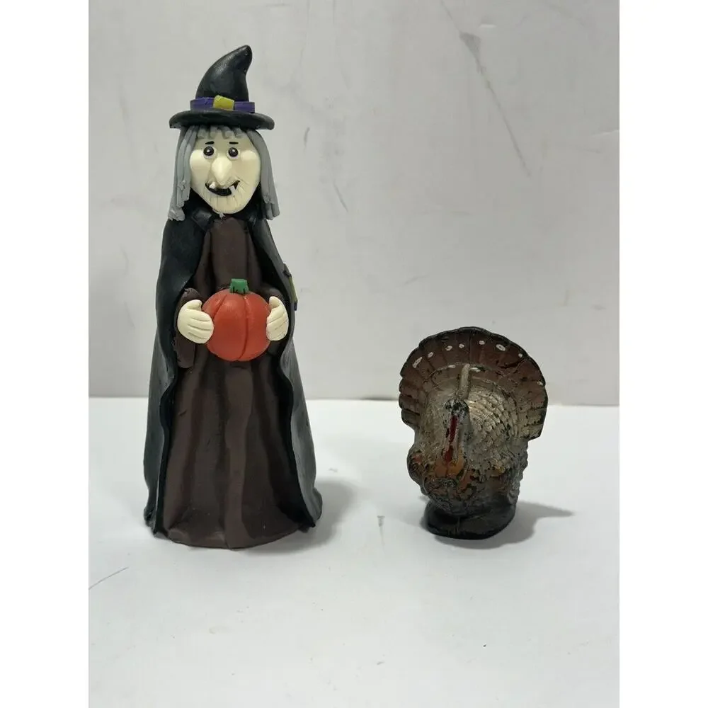 LOT Of 2 Halloween Decor - 1 Gurley Thanksgiving Turkey Candle + Clay Witch Doll
